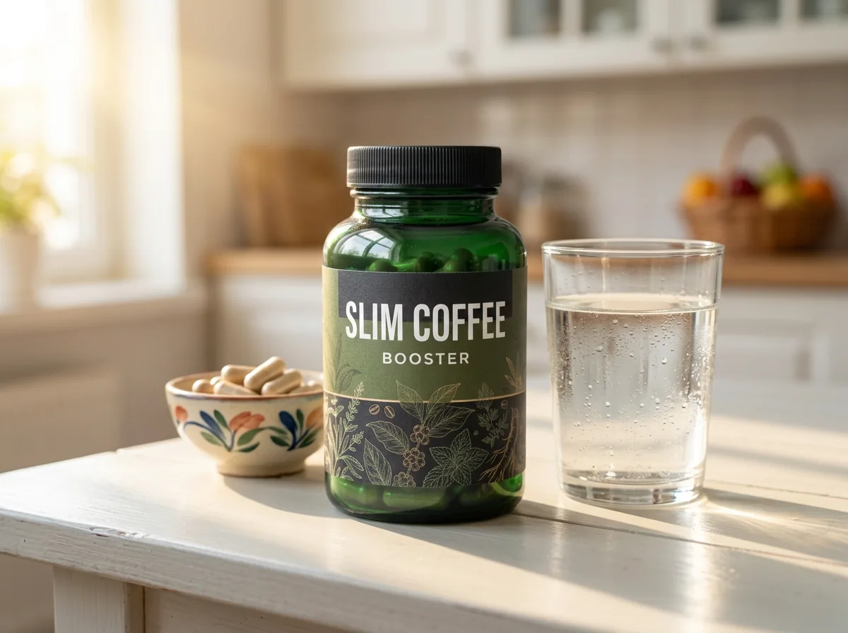 Slim Coffee Booster box on oak surface beside a ceramic mug, plant-based metabolism support supplement